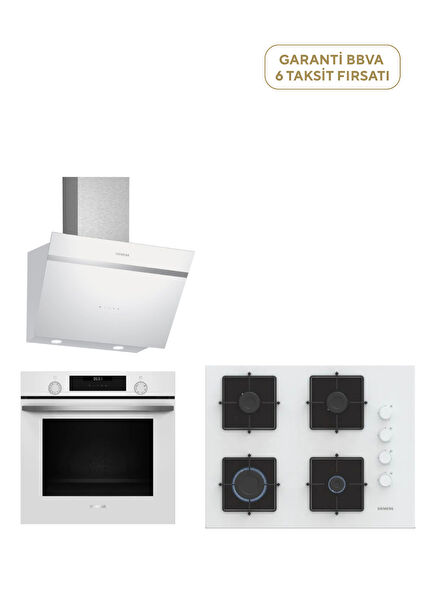 EO7C2PP30O iQ300 Beyaz Sert Cam Gazlı Ocak 67 cm + HU717ABV0T Beyaz Ankastre Fırın + LC66KPJ20T iQ300 Beyaz Cam Yüzey Duvar Tipi Davlumbaz 60 cm