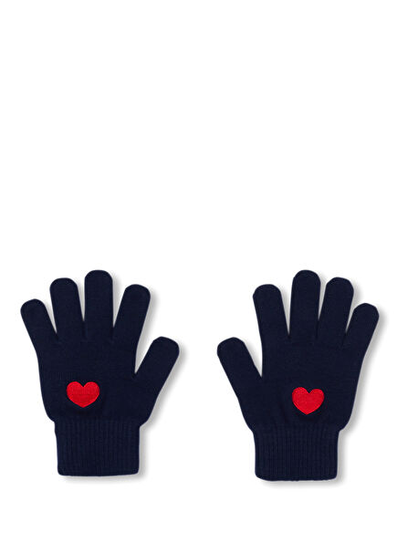 Lacivert Kalp Motifli Kız Çocuk Eldiven