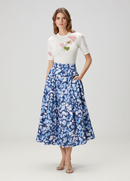 Blue Floral Print Midi Skirt