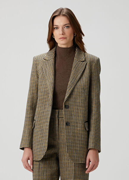 Bej Pötikareli Yün Karışımlı Yün Ceket