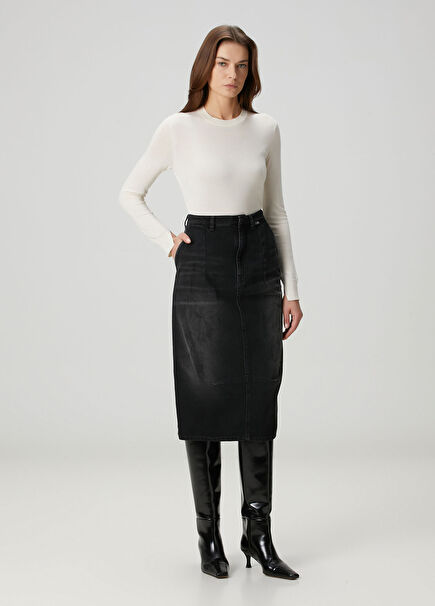 Siyah Midi Denim Etek