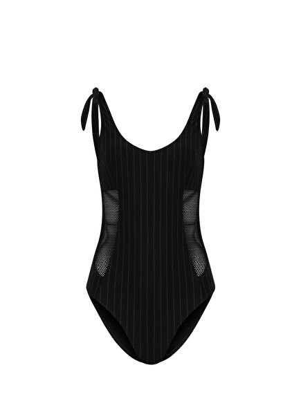 Almira Siyah Çizgili ve File Detaylı Mayo