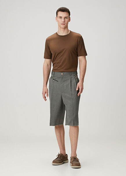 Dark Beige Double Pleated Wool Bermuda