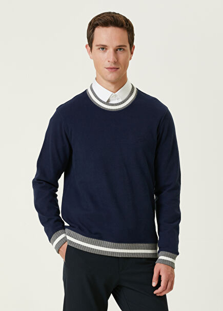 Navy Blue Collar Ribbed Sweatshirt
