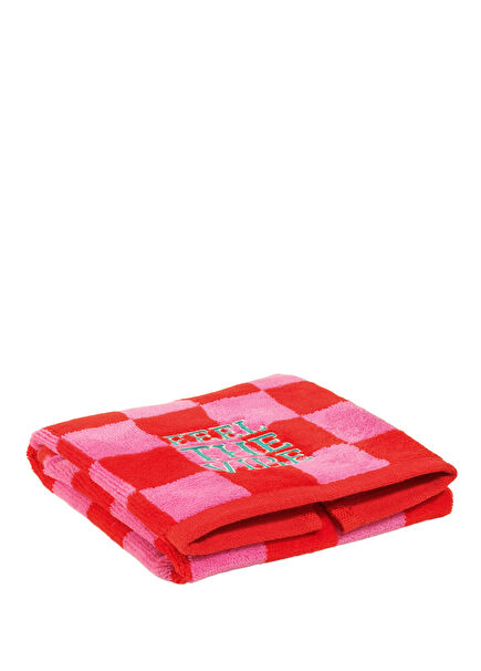 Tabea Embroidered Pink Red Checkered Velvet Cotton Hand Towel 30 x 50 cm