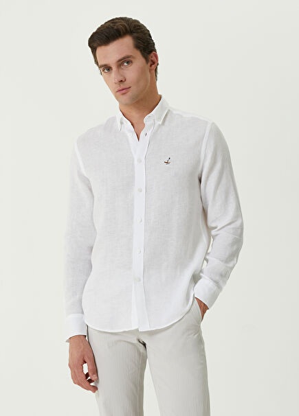 Comfort Fit Beyaz Keten Gömlek