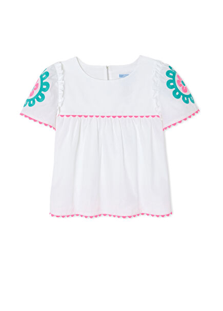 Short Sleeve Girls' Poplin Blouse with White Ornament Stitching