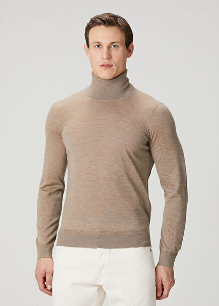 Bej Balıkçı Yaka Yün Kazak