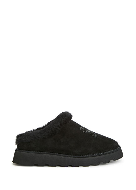 Black Shearling Detail Women's Leather Slippers