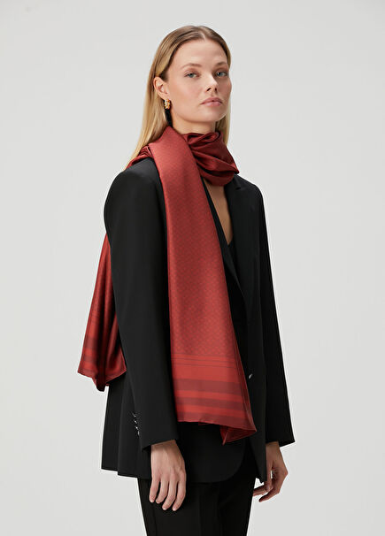 Bordo Monogram Desenli Kadın İpek Şal