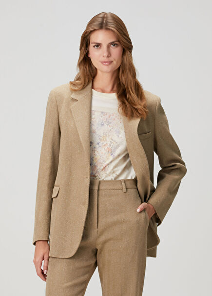 Kum Desenli Keten Blazer