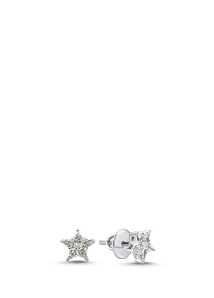 Yıldız Detaylı Pırlantalı 18 Ayar Beyaz Altın Kadın Küpe