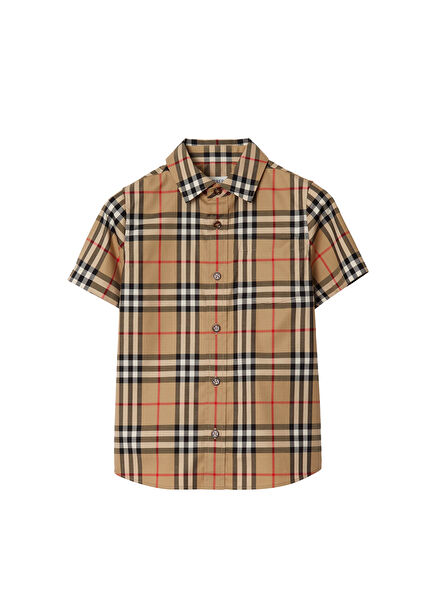 Check Stretch Beige Cotton Short Sleeve Unisex Kids Shirt