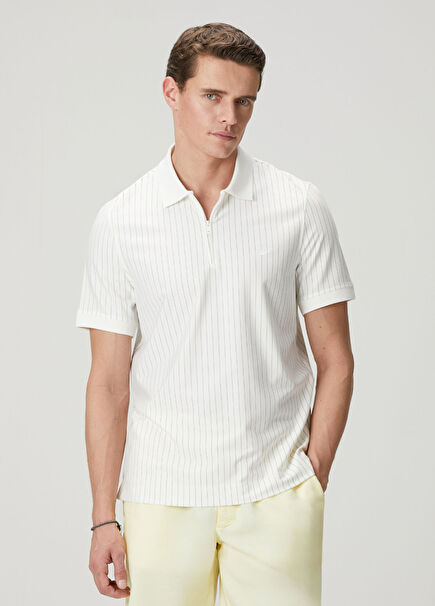 Kırık Beyaz Slim Fit Çizgili Teknik Polo T-shirt