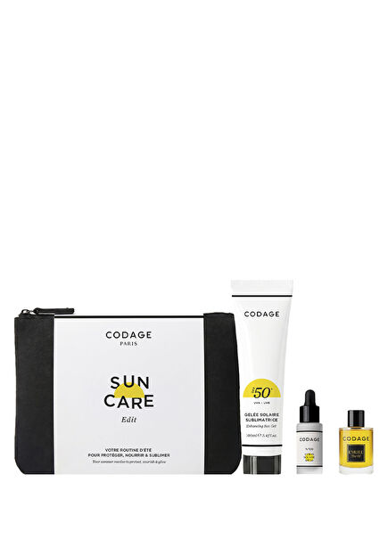 SPF50+ Güneş Koruyucu Jel 100ml + SPF50+ Güneş Koruyucu Serum 5 ml + Çok Yönlü Bakım Yağı 10 ml + Siyah Çanta