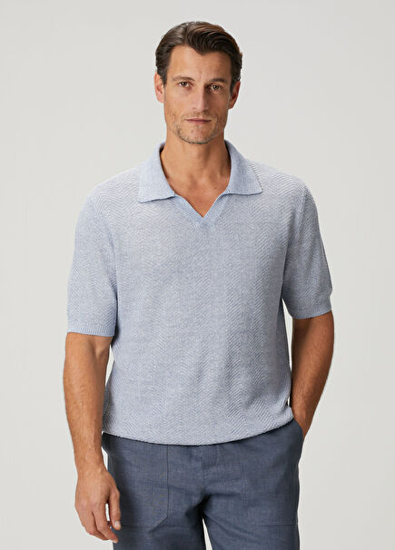 Açık Mavi Polo Yaka Kısa Kollu Keten Triko