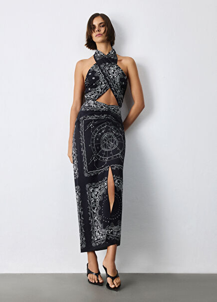 Black Patterned Midi Dress