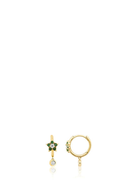 18K Gold Women's Hoop Earrings with Star Green Diamonds