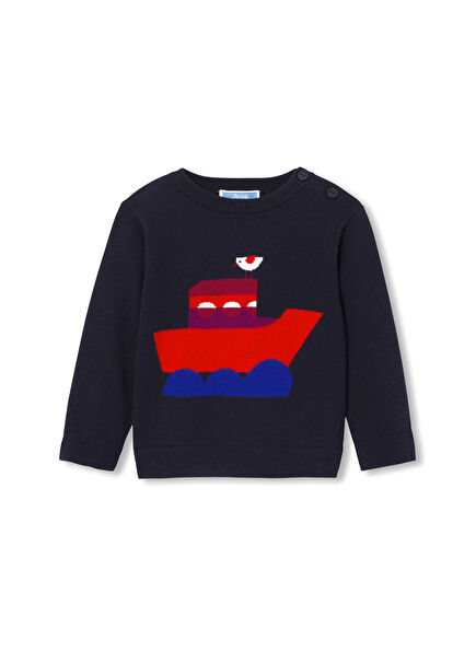 Intarsia Tekne Örgü Lacivert Erkek Bebek Kazak
