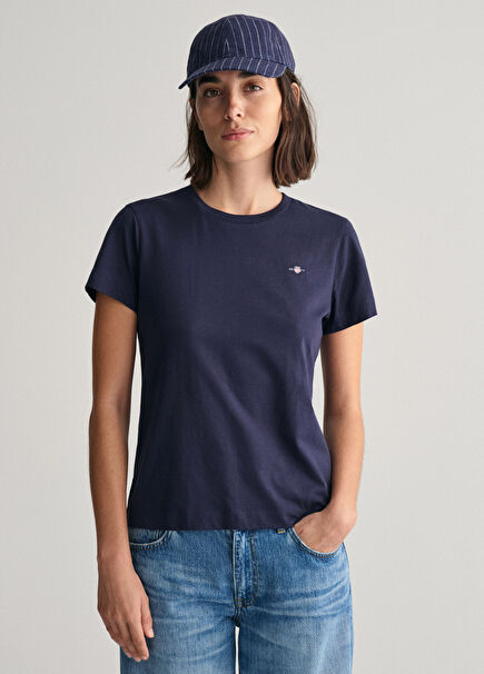 Lacivert Bisiklet Yaka Regular Fit Kısa Kollu Kadın T-Shirt
