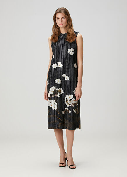 Black Floral Print Midi Dress