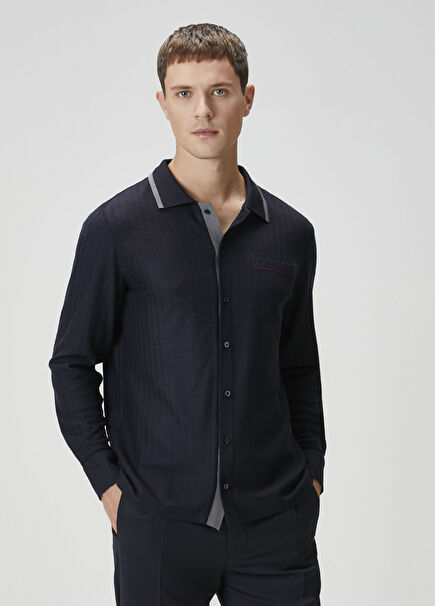 Lacivert Polo Yaka Çizgi Desenli Yün Sweatshirt