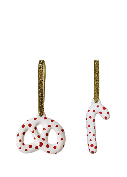 Spotted Ceramic Pretzel Stick-Cane Set of 2 Christmas Tree Ornament