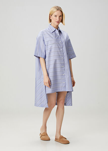 Blue Striped Asymmetrical Shirt Dress