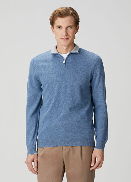 Mavi Yakası Fermuarlı Yün Kazak