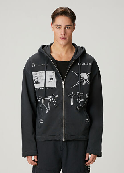 Black Hooded Figure Printed Sweatshirt