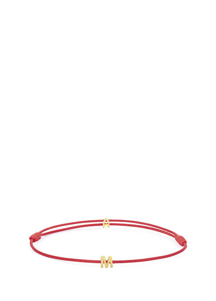 Şans Kırmızı İp M Harfli 925 Ayar Gümüş 18 Ayar Altın Kaplama Kadın Bileklik