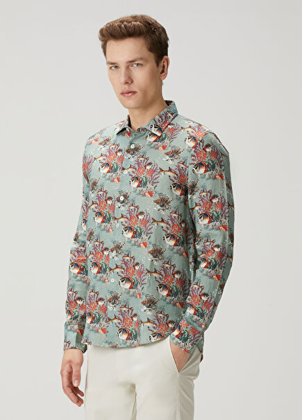 Blue Animal Figure Patterned Linen Shirt