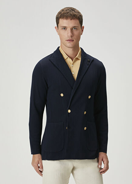 Lacivert Keten Kruvaze Triko Ceket