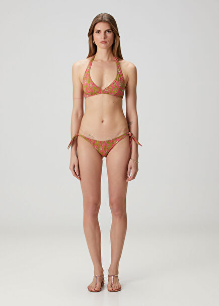 Pembe Yeşil Şal Desenli Üçgen Bikini Takımı