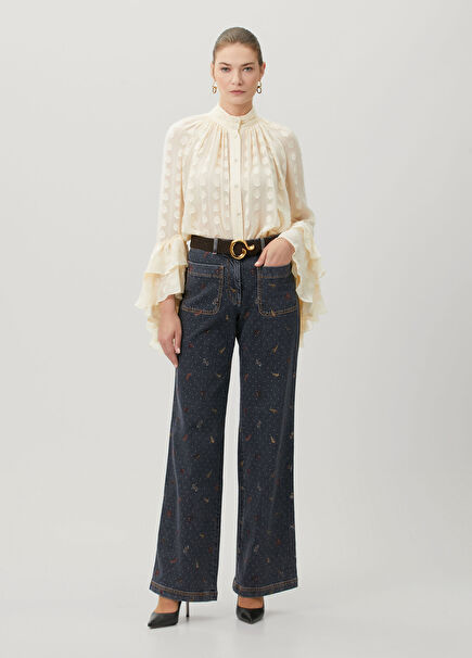 Lacivert Puantiyeli Wide Leg Jean Pantolon