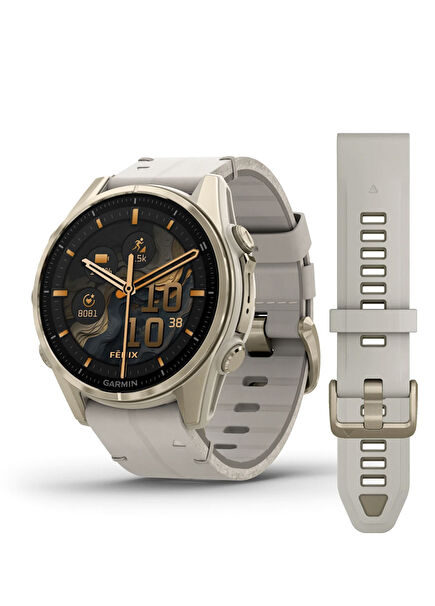 Fenix 8 AMOLED Sapphire Soft Gold and 43mm Smartwatch with Limestone Leather Strap