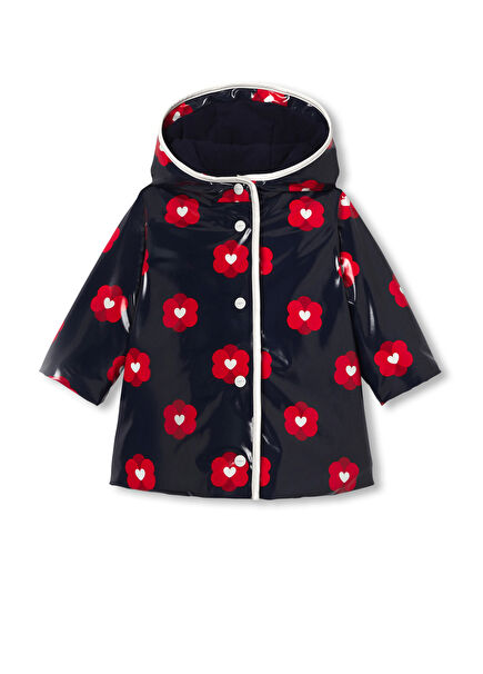 Navy Blue Hooded Baby Girl Raincoat with Floral Motif