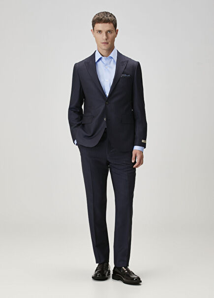Navy Blue Stripe Patterned Wool Suit