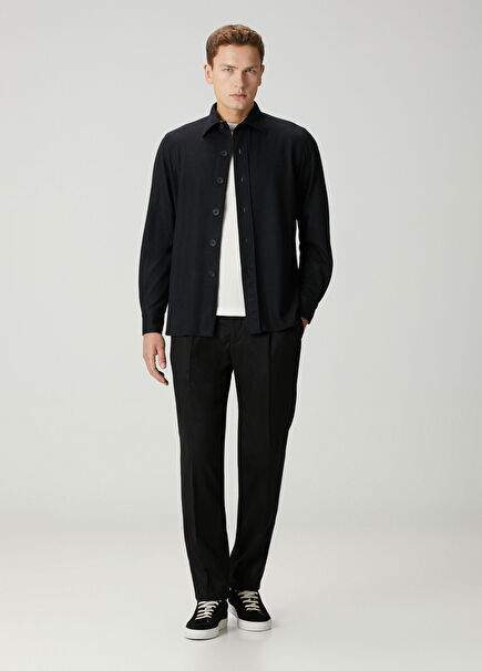 Siyah Çift Pilili Yün Pantolon