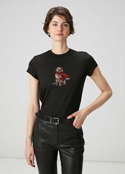 Siyah Hotfix Köpek Detaylı T-shirt