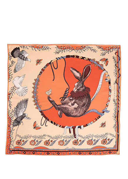 Healer Time Tavşan Güvercinler Ekru Kare İpek Twill Kadın Şal 135 cm