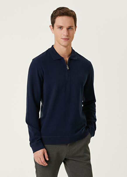 Lacivert Polo Yaka Logolu Sweatshirt