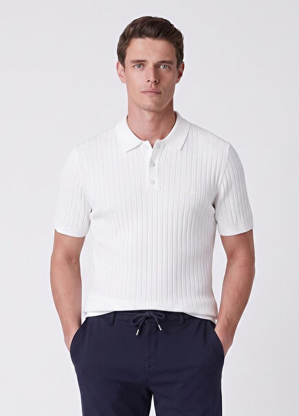 Off-White Vertical Textured Short Sleeve Sweater