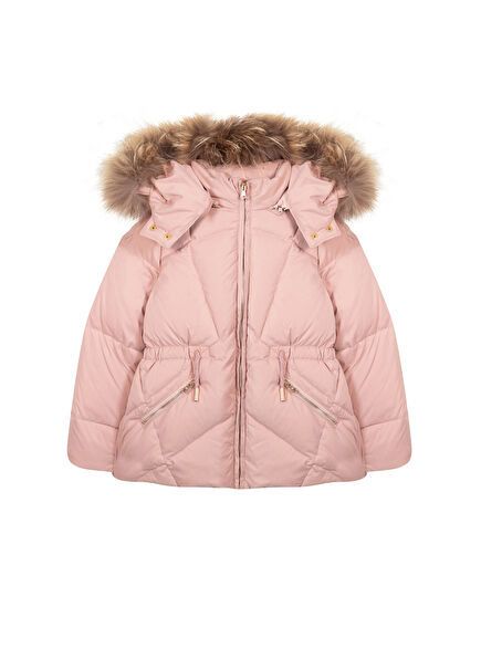 Somon Rengi Kapüşonlu Kız Çocuk Doudoune Mont