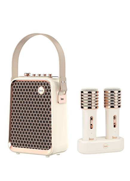 SongBird HQ Beyaz Çift Karaoke Mikrofonlu Bluetooth Hoparlör