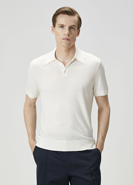 Beyaz Polo Yaka Kısa Kollu Yün Triko