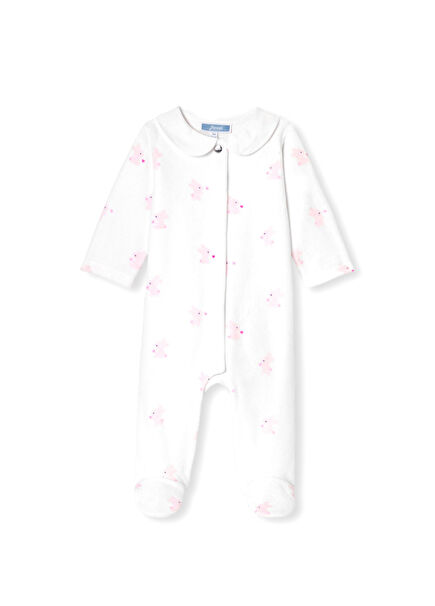 Beyaz Pembe Kadife Tavşan Motifli Kız Bebek Tulum