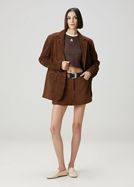 Kahverengi Mini Süet Etek