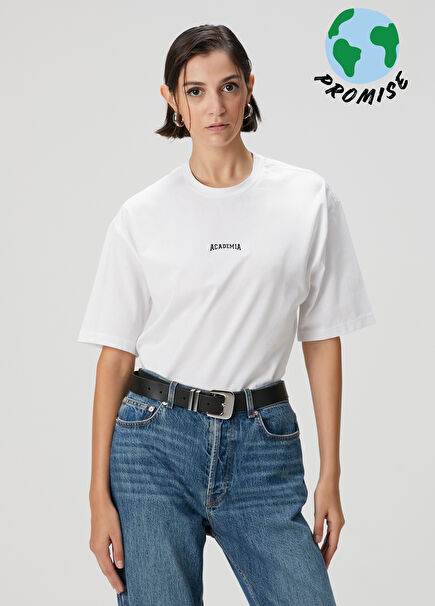 Beyaz Bisiklet Yaka Logolu T-shirt