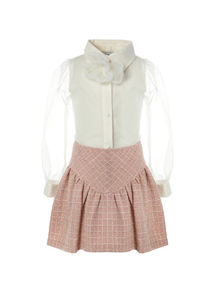 Çiçek Detaylı Ekru Gömlek ve Etek Kız Çocuk 2'li Set